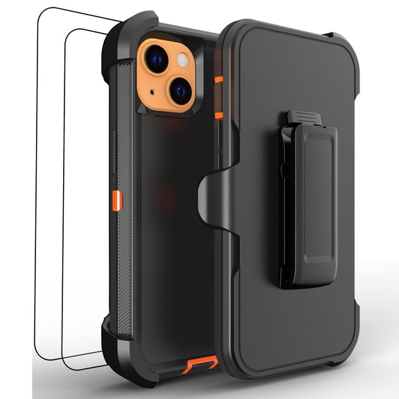 Hotpom for iPhone 13/ 14 Case with 2 Pack Screen Protector Heavy Duty Shockproof Drop Proof Full Body Protection Women Men universal Phone Cover with Black Belt Clip, Black/Orange
