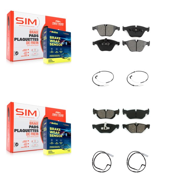 SIM Front Rear Semi-Metallic Disc Brake Pads and Wear Sensors Kit for Car 2009-2010 BMW 328i xDrive 3.0L with 312mm Diameter Rotor KSW-100133