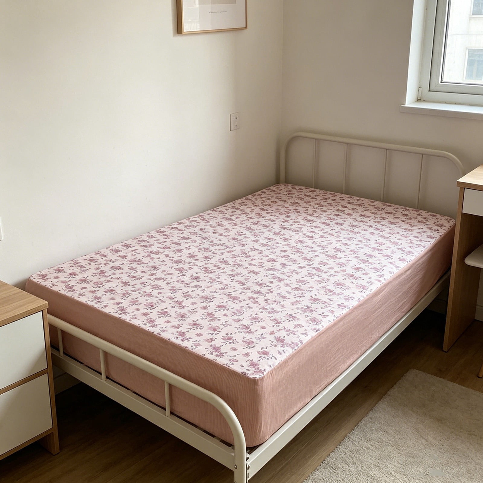 Japceit 35.43x78.44 Inch Fitted Sheet, Comfortable Cool Floral Pattern Mattress Protective Cover, Easy Clean Single Bed Sheet for Home Dormitory