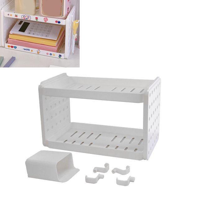 Support de Rangement de Bureau Double Couche avec Crochets et Porte-Plume, Conception Multifonctionnelle, Style d'Impression, Outil d'Organisation de Bureau pour Bureau de Salle de Bain de Cuisine