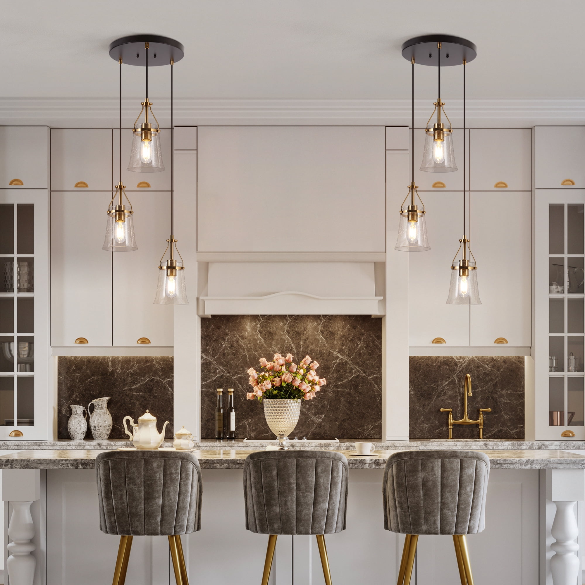 LNC 3-Light Black and Gold Linear Pendant with Seeded Glass for Kitchen Island