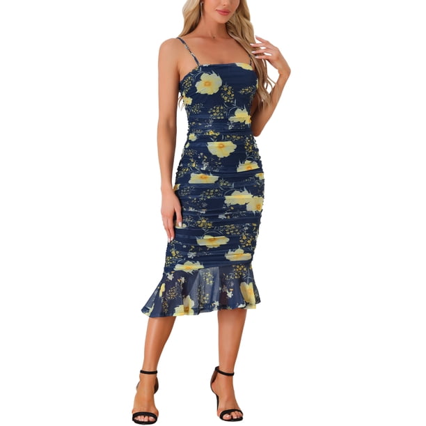 Vestido Bodycon sin mangas de tirantes espagueti para mujer Inspire Chic, con estampado floral, fruncido, midi, para fiesta y club, color azul, talla XL