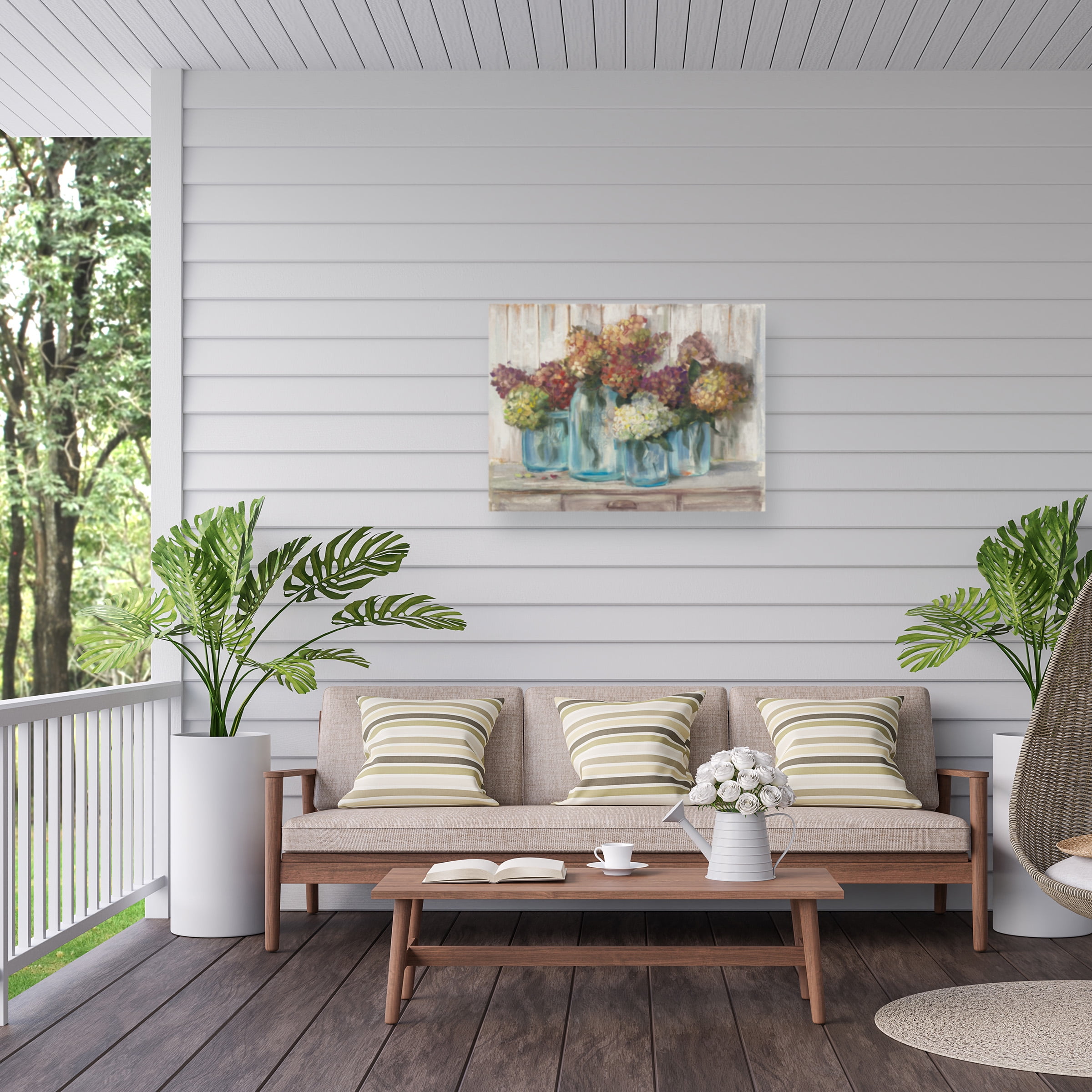 Carol Rowan 'Hydrangeas In Glass Jars White Wood' Outdoor Canvas 18x22
