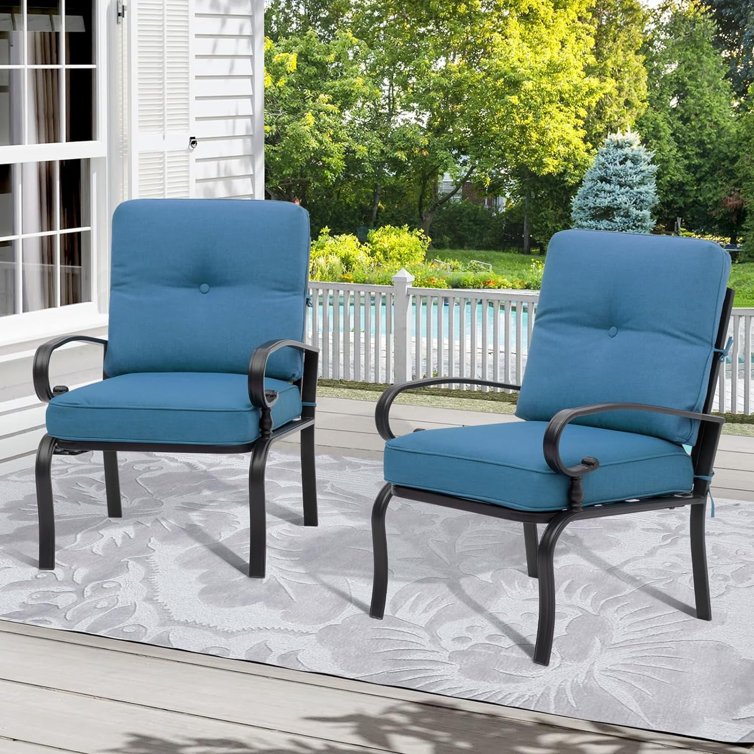 SOLAURA Outdoor Patio Metal Dining Chairs Set of 2 with Peacock Blue Cushions