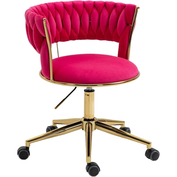 Velvet Office Desk Chair with Hand Woven Backrest, 360° Swivel & Height Adjustable Task Chairs, Makeup Chair, Computer Chair with Stainless Base and 5 Wheels (Rose Red)