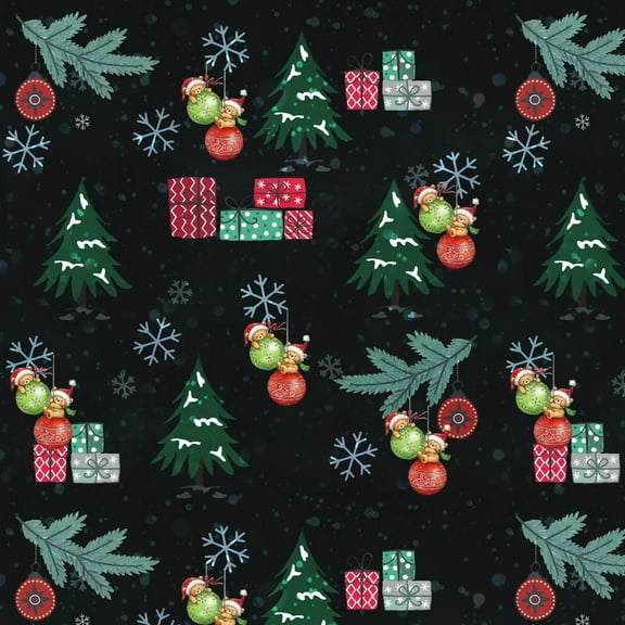 100% Cotton Quilting Fabric, Printed Teddy Bear Ornaments, By the Yard in Black, Green, Red