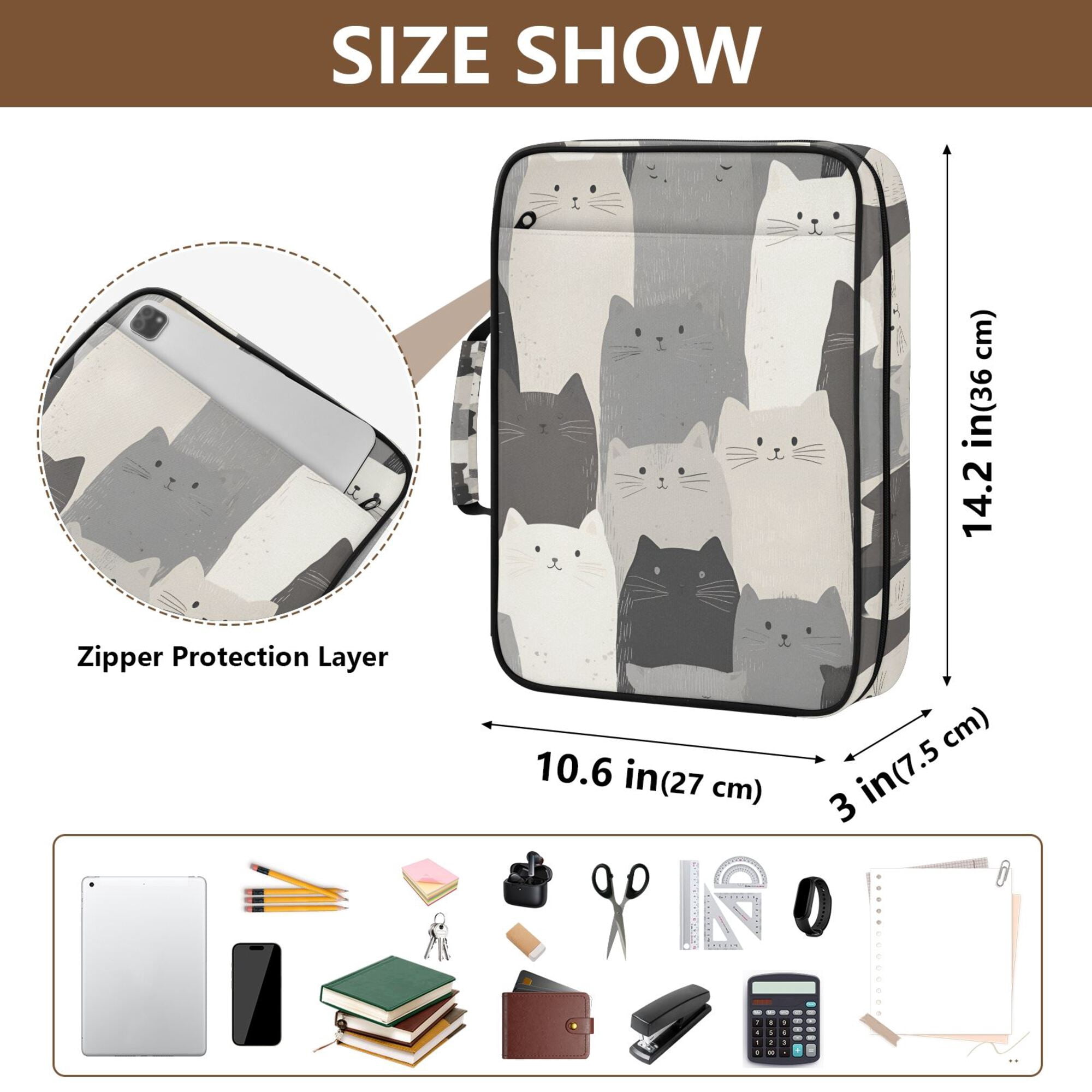 FORMRS Accordion File Folder A4 Size 7-Pocket Expanding Document Organizer Bag with 3 Ring Binder, Gray Cute Cats