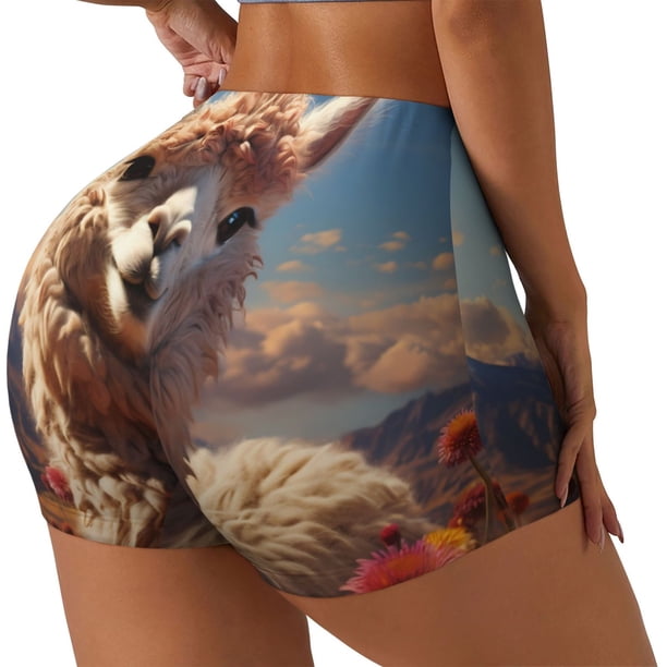 Balery Fluffy Alpaca Mountain Meadow Pantalones cortos de entrenamiento estampados para mujer, sin costuras, ajustados, para gimnasio, yoga, correr, deportes, ejercicio activo, fitness.-Medium