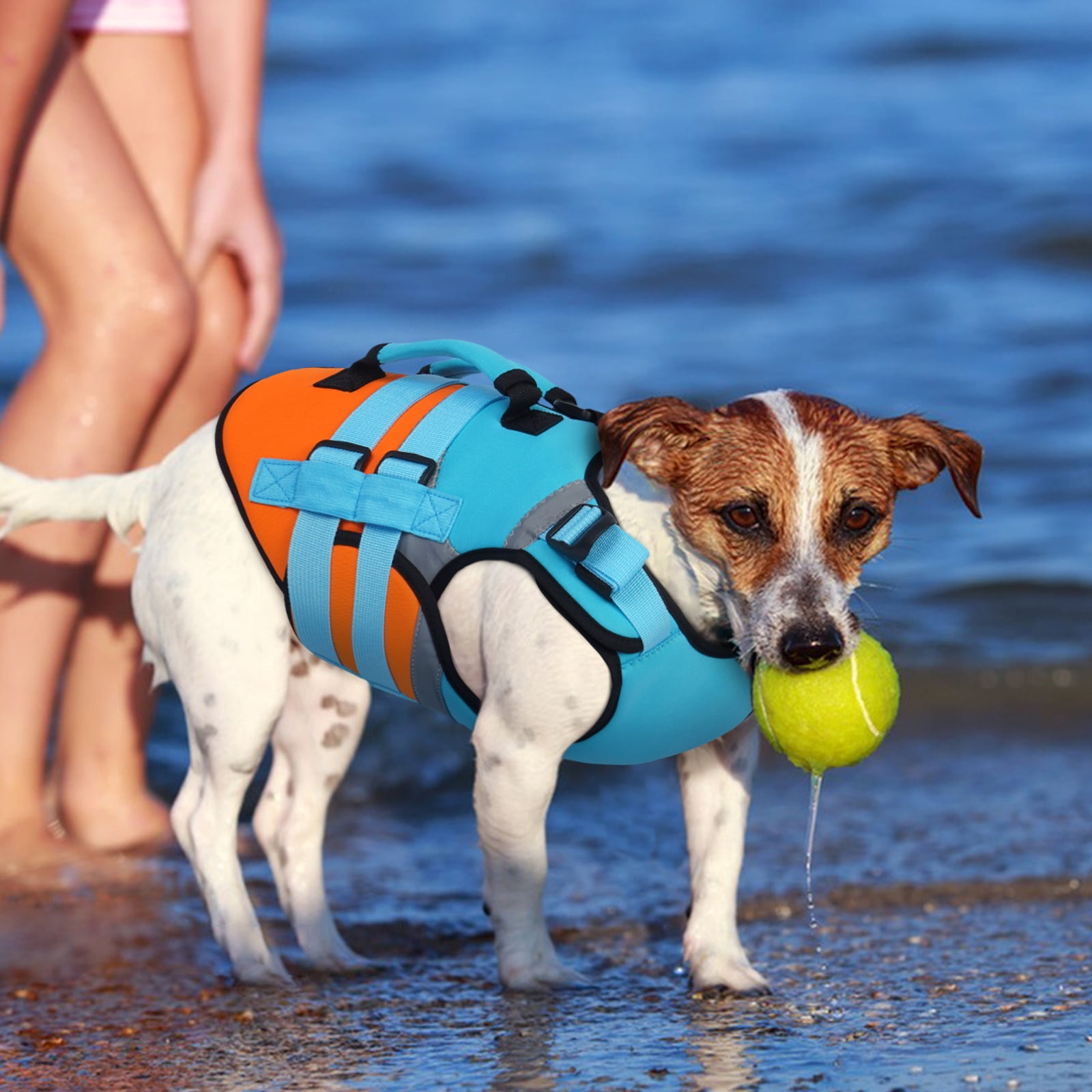 Kuoser Dog Life Jacket with Reflective Strips, Adjustable Life Vest for Small Medium Large Dogs, Blue, XL