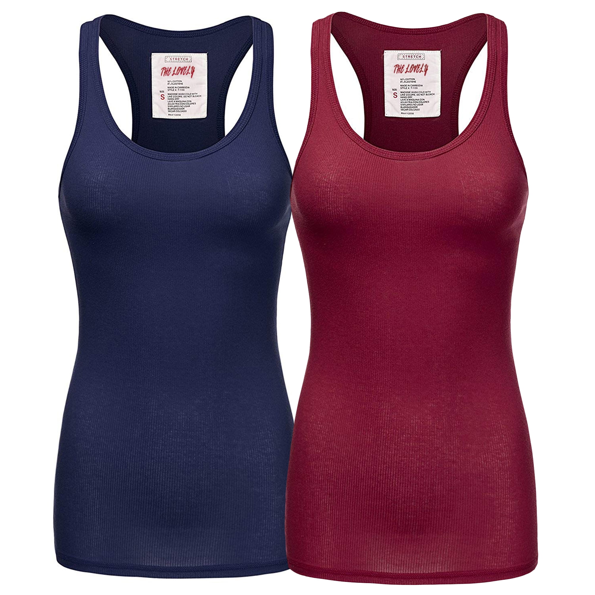 Women And Plus Solid Ribbed Knit Stretch Workout Racerback Tank Top 2pk Navy Burgundy 3x