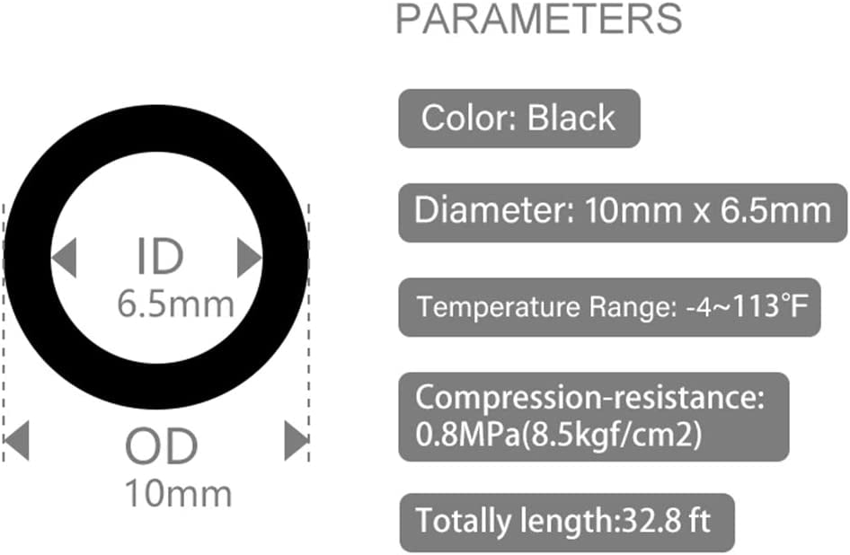 MKEUDQ-Pneumatic Tubing 10mm x 6.5mm PU Polyurethane Tube Air Hose Line for Air Compressor Fitting or Fluid Transfer (Black 32.8ft/10Meters)
