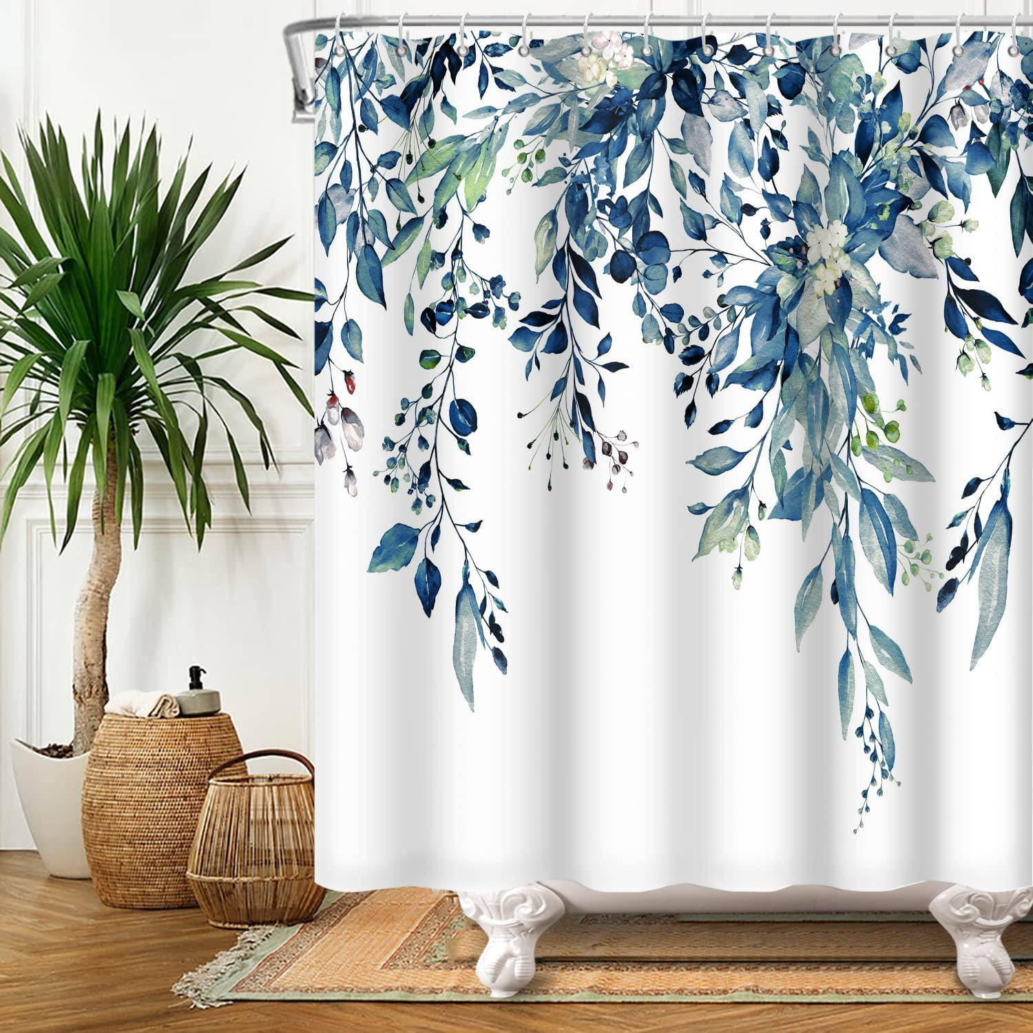 Extra Long Shower Curtains Blue Eucalyptus Shower Curtain, Watercolor Leaves on The Top Plant - Fabric Shower Curtain Set Natural Shower Curtain Bathroom Decor 72x84