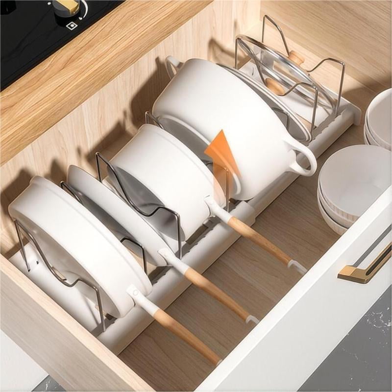 Expandable Pot and Pan Organizer Rack for Cabinet, Pot Lid Organizer Holder，PP Material with 7 Stainless Steel Adjustable Dividers – Durable Rust-Resistant Storage for Cookware, Bakeware