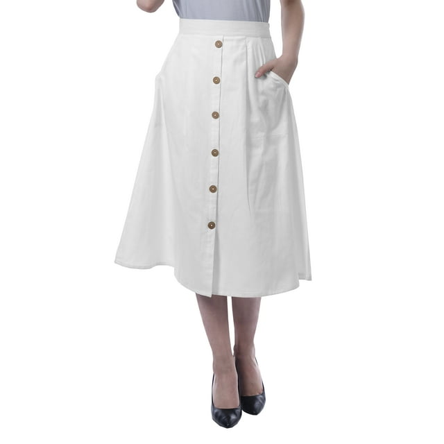 Moomaya Womens Below Knee Length A-Line Skirt Front Button Casual Skirt w/ Pockets