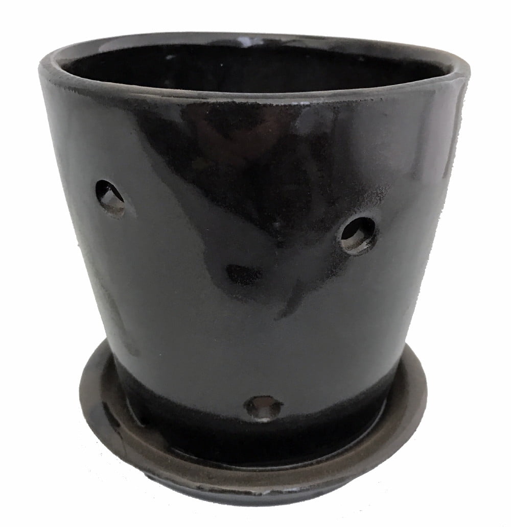 Ceramic Orchid Pot with Saucer 5.5" Black