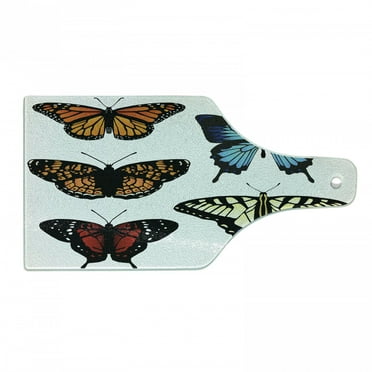 Swallowtail Butterfly Cutting Board, 5 Different Butterflies Colorful Monarch Lady Insect Wings Spring, Tempered Glass Cutting and Serving Board, Wine Bottle Shape, Multicolor, by Ambesonne