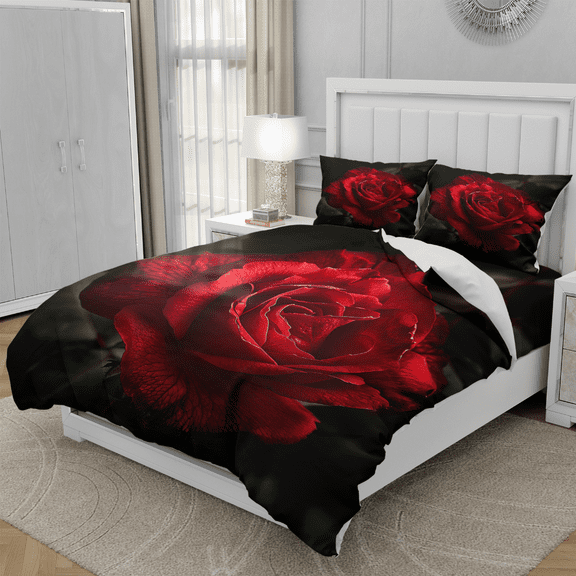 Teasbank 3D Printed Red Rose Bedding Red Flower Duvet Cover Set Couple Comforter Cover Set Valentine'S Day Room Decor,Twin Size 1 Quilt Cover with 2 Pillow Cases(No Comforter)