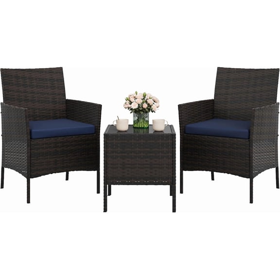 3-Piece Patio Furniture Set, Modern PE Rattan Conversation Set with 2 Chairs & Tempered Glass Coffee Table, All-Weather Outdoor Seating for Garden, Porch, Balcony, Poolside, Brown/Navy Blue