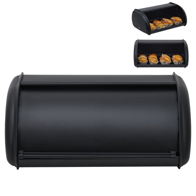 Large Roll Top Bread Storage Container for Kitchen Countertop – Double-Layer Stainless Steel Storage with Window – Farmhouse Pantry Organizer – Food Storage Bin – Black