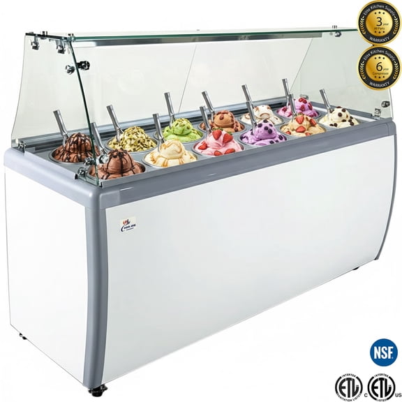 NSF 71” Commercial Ice Cream Display Freezer with Curved Glass Canopy – 12 Tub Gelato Showcase, Commercial Display Chest