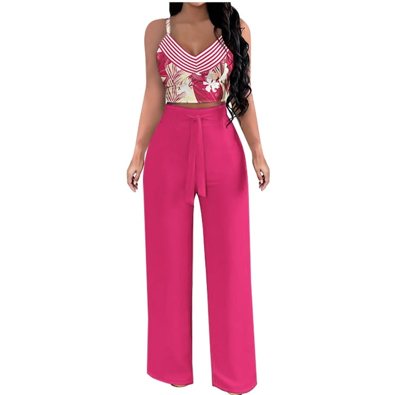 RQYYD Reduced Floral 2 Piece Outfits for Women Sexy Backless Sleeveless V  Neck Crop Top High Waist Wide Leg Long Pant Sets Tracksuit Lounge Set Red L