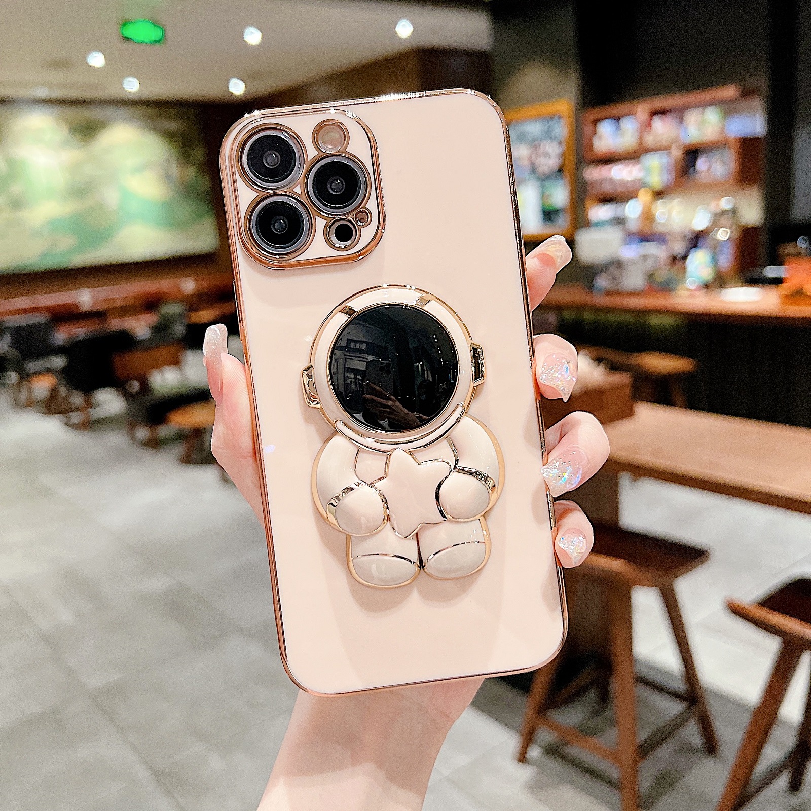 ELEHOLD Astronaut Kickstand Case for iPhone 14 Plus 6.7 Inch, Luxury Plating Frame Soft TPU Four