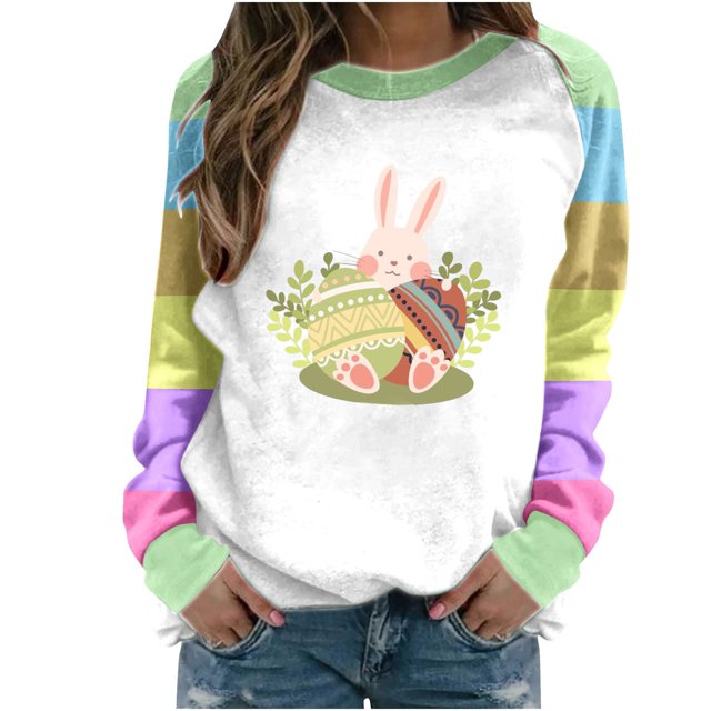 FAIWAD Chandail de Pâques pour Femmes Manches Longues Col Rond Tunique Hauts Graphique de Pâques chandail Blouse