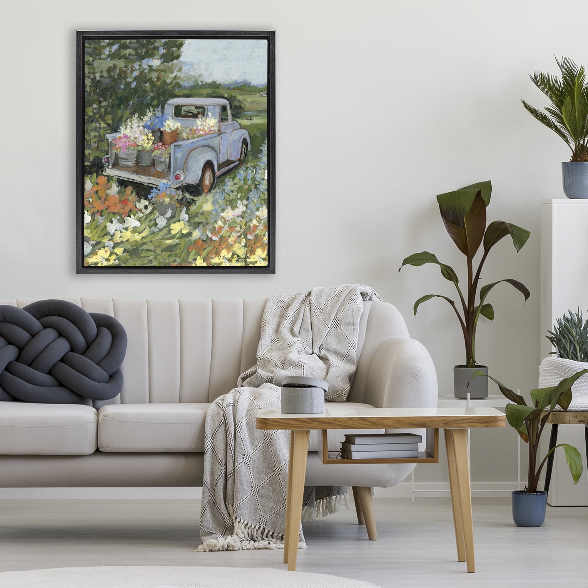 Stupell Industries Truckin' Field with Flowers Black Framed Floater Canvas Wall Art, design by Susan Winget