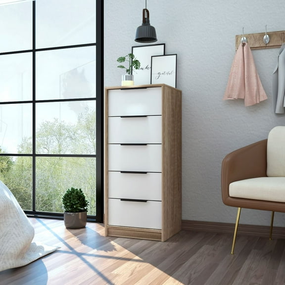 Boahaus Ellen Modern Dresser with 5 Drawers for Bedroom, Brown-White