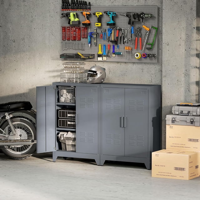 Armoire de Rangement en Métal, Buffet Industriel avec 2 Portes à Persiennes, Tablettes Ajustables, Gris