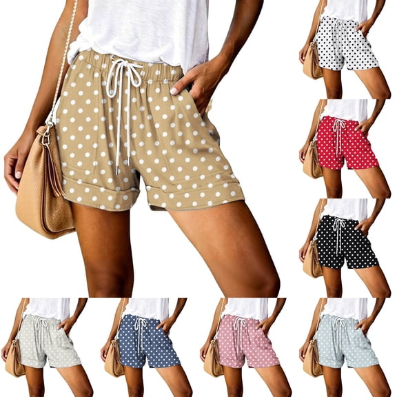 Only Moment Women's Polka Dots Mini Shorts High Waisted Shorts Women Elastic Waist Wide Leg Casual Cotton Shorts Sets Light Yellow,L