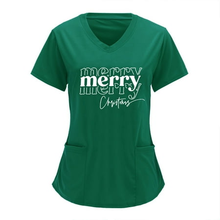 

Youmylove Women Scrubs Top Solid Color Working Uniform Top Nurses Clothing Workwear Christmas Printing Short Sleeve Overalls Steetwear