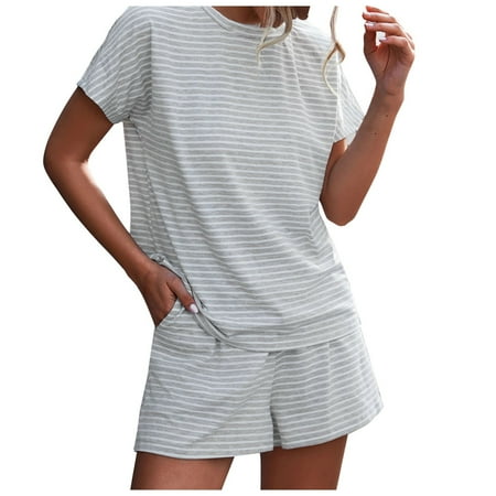 

2023 Summer Women Shorts Clothing Set Womens Summer Short Sleeve Striped Jumpsuit Rompers With Pockets Short Pant Rompers Pajamas Loungewear