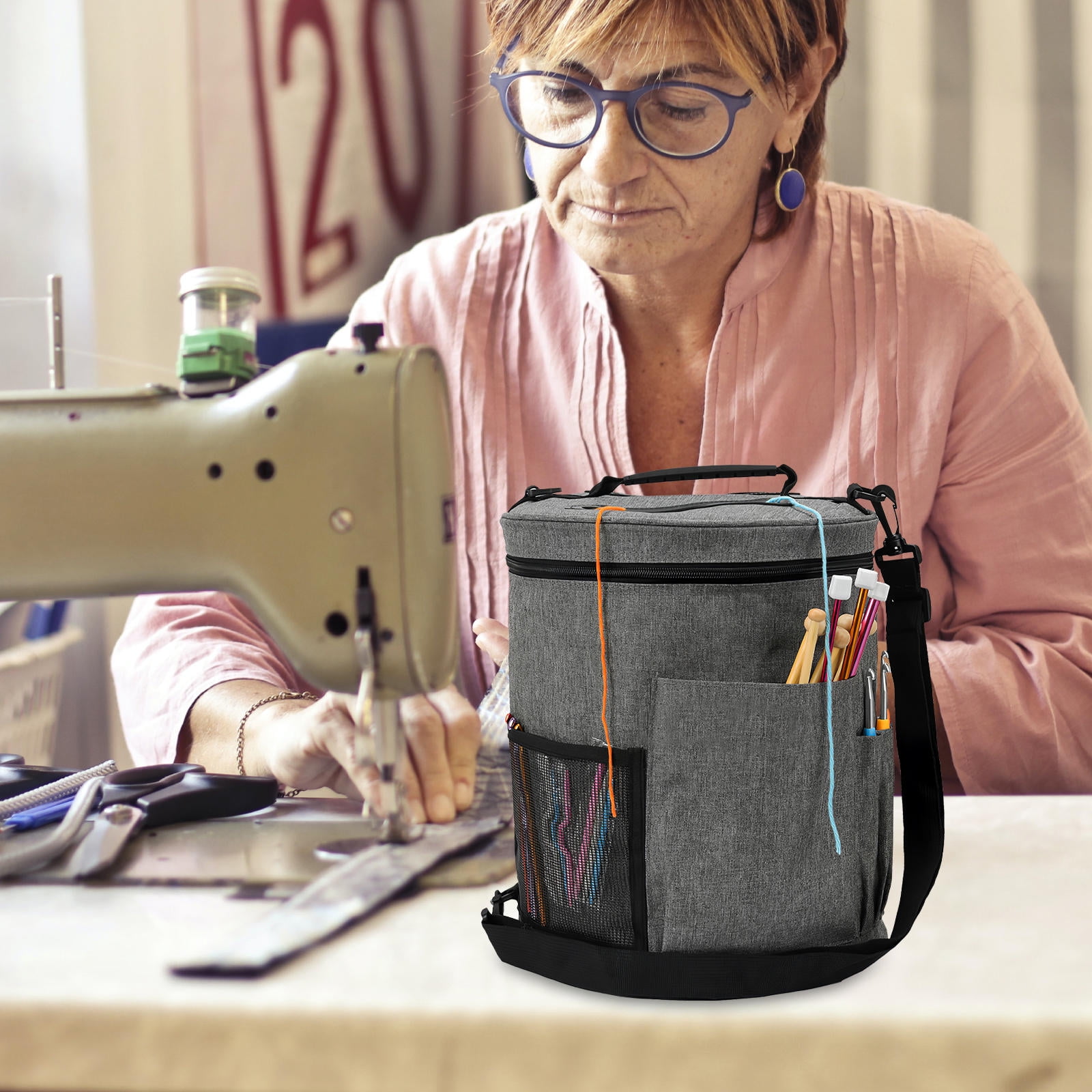PBPBOX Portable Grey Yarn Storage Organizer with Handle for Knitting Needles and Crochet Hooks