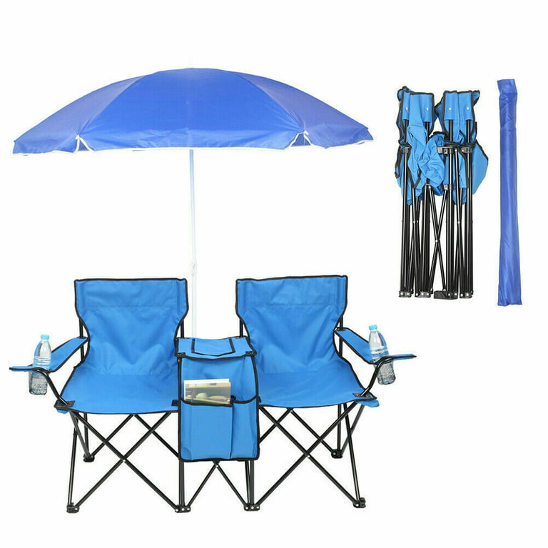 Red Portable Folding Picnic Double Chair with Umbrella for Beach Patio