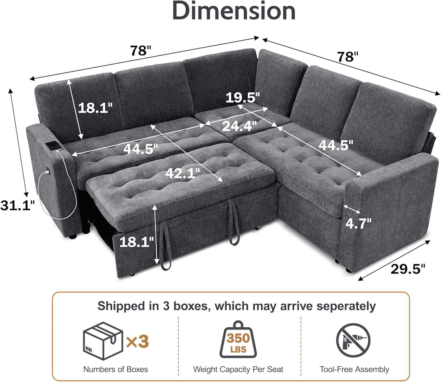 Convertible L-Shaped Sleeper Sofa Bed for Living Room with Pullout Bed, Adjustable Backrest, USB Port and Storage Seat