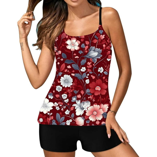 Weiqiqre Plus Size Swimsuit for Women Two Piece Bathing Suits Blouson Tank Top with Boyshorts Tummy Control Modest Swimsuits