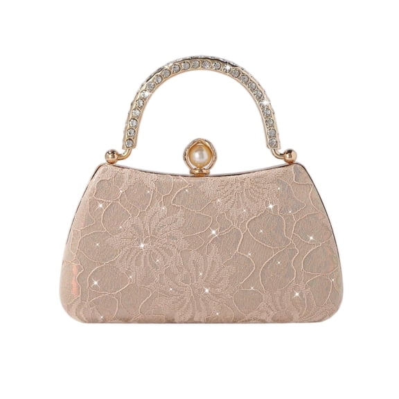 Elegant Lace Evening Clutch with Crystal Handle & Pearl Clasp, Gold-Tone Chain Strap