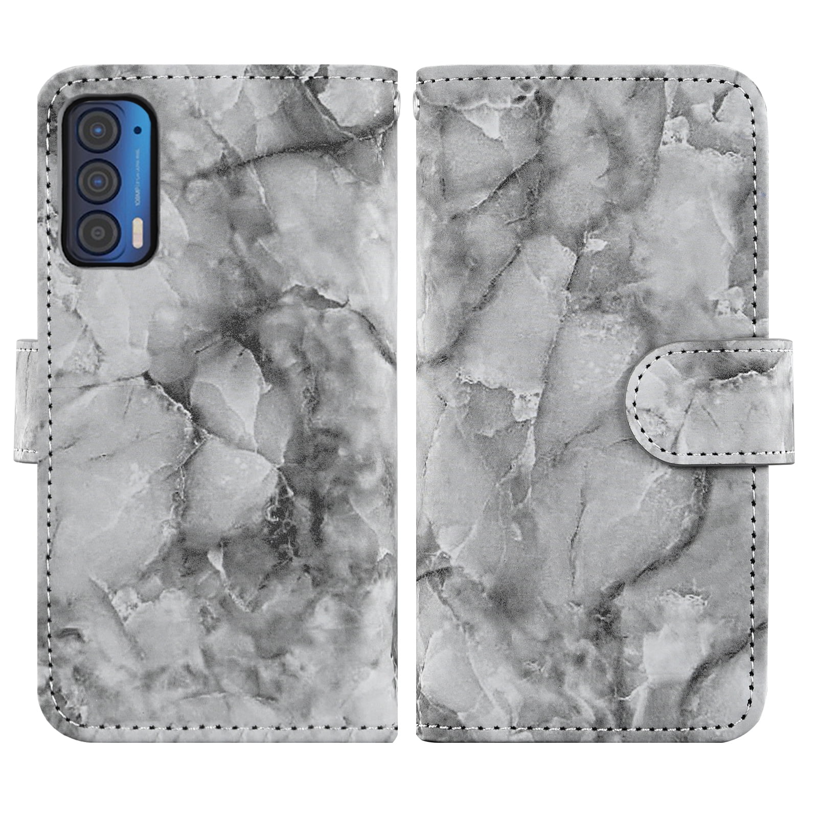 Compatible with Motorola Moto Edge 2021/MotoEdge 5G UW 2021 Wallet Phone Case and Tempered Glass Screen Protector Marble Faux Leather Flip Credit Card Holder Stand Zipper Cell Cover for XT2141-1 Grey