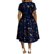 CHGBMOK Vintage Floral Wrap Midi Dress Women High Waist Tummy Control Short Sleeve Pocket Flowy Sundress S-5XL Elegant Dress for Wedding Party Daily Travel