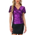 thumbnail image 1 of INSPIRAR CHIC Blusa de Mujer con Cuello en V, Mangas Cortas con Volantes, Brillante y Metálica, para Fiesta, Color Púrpura, 1 of 6