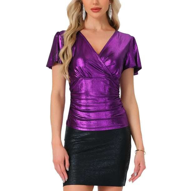 INSPIRAR CHIC Blusa de Mujer con Cuello en V, Mangas Cortas con Volantes, Brillante y Metálica, para Fiesta, Talla XL, Color Púrpura