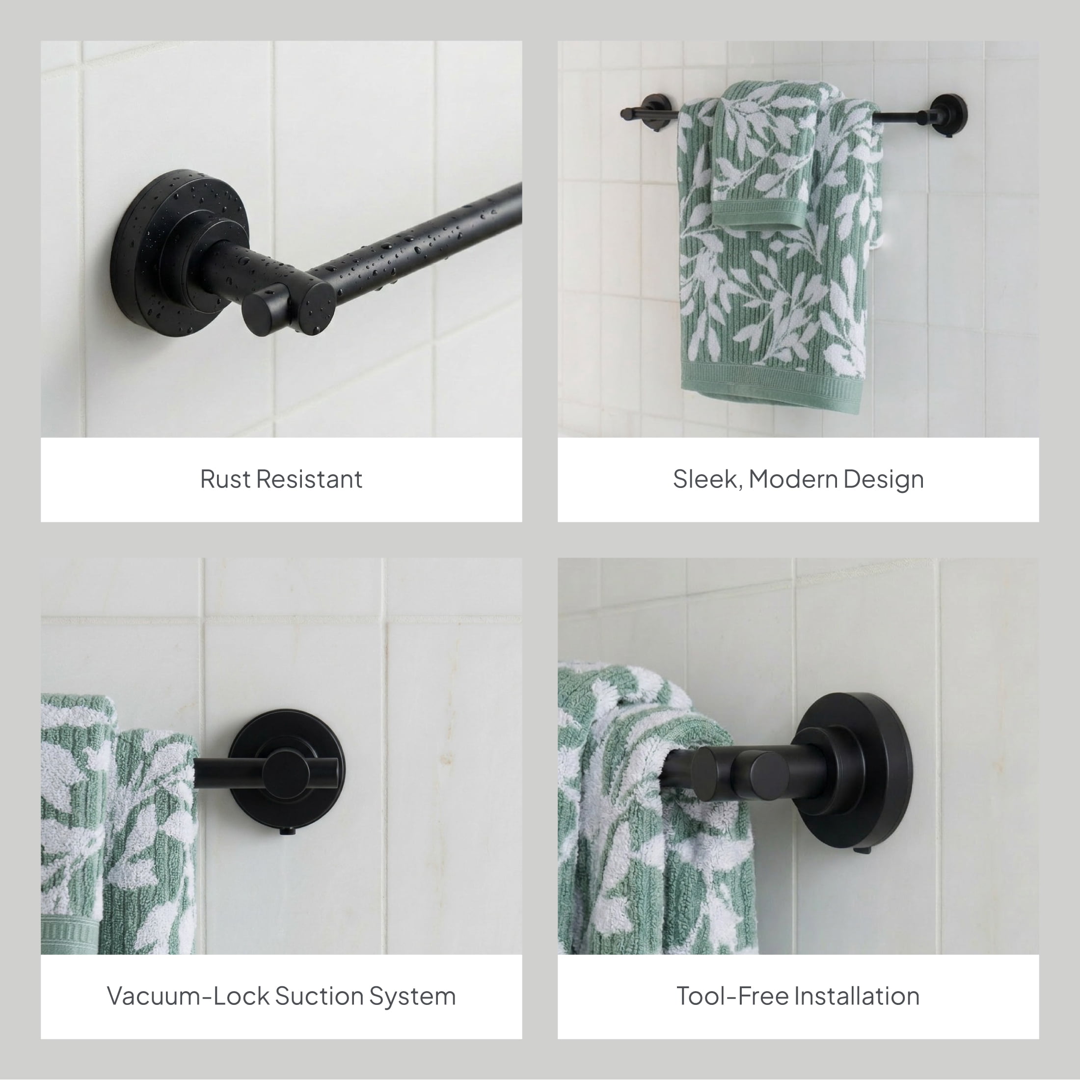 Better Homes & Gardens StyleGrip™ Suction Mount Towel Bar w/Hooks, Matte Black