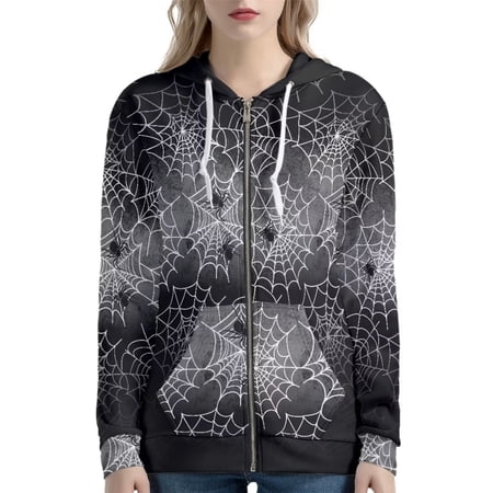 Renewold Spider Web Full-Zip Hoodies Sweatshirts Long Sleeve Hooded Jackets with Pockets Women Athletic Yoga Clothing Coat for Halloween Birthday Gifts Size XL