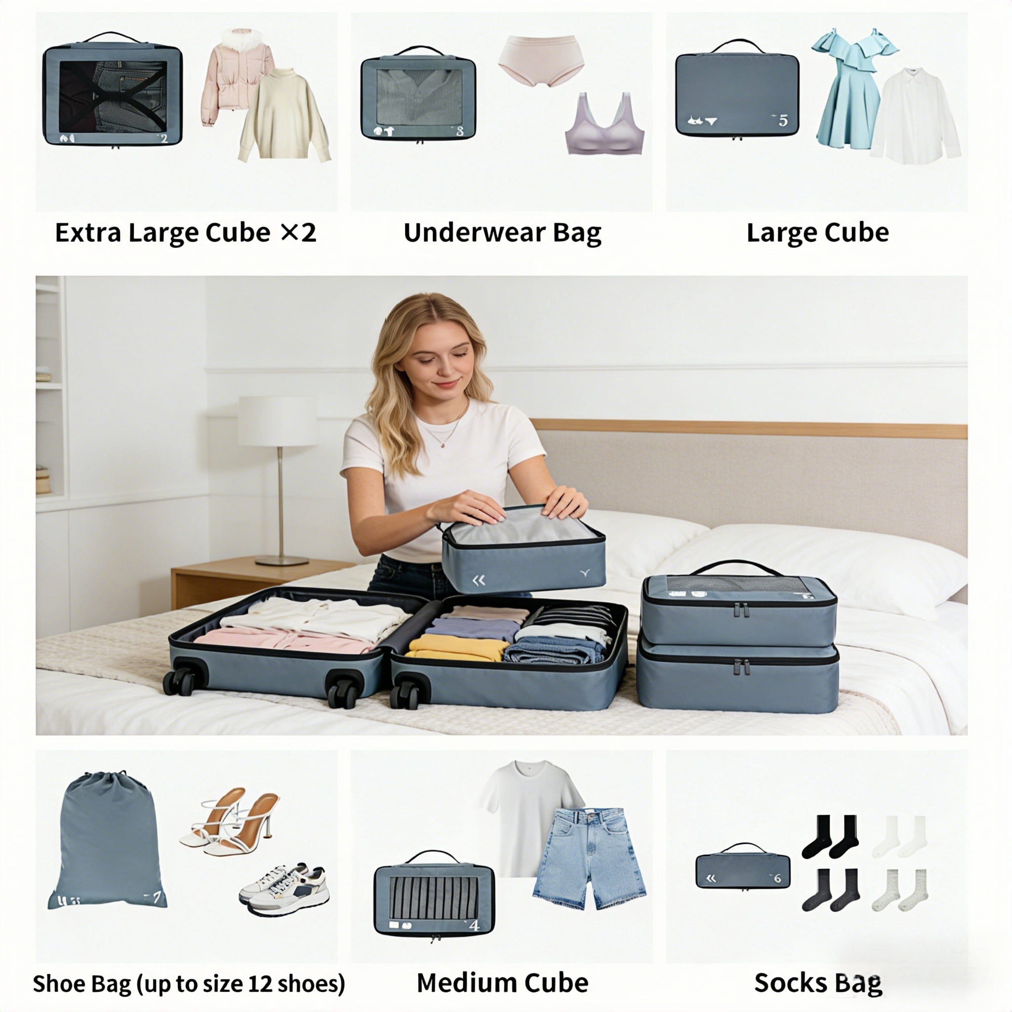 WANDF 7 Set Packing Cubes Travel Accessories,Tear-Resistant Luggage Packing Organizers with Number Icon, Machine Washable Suitcase Packing Cubes for Travel,Airplane,Camping(Grey Bag)