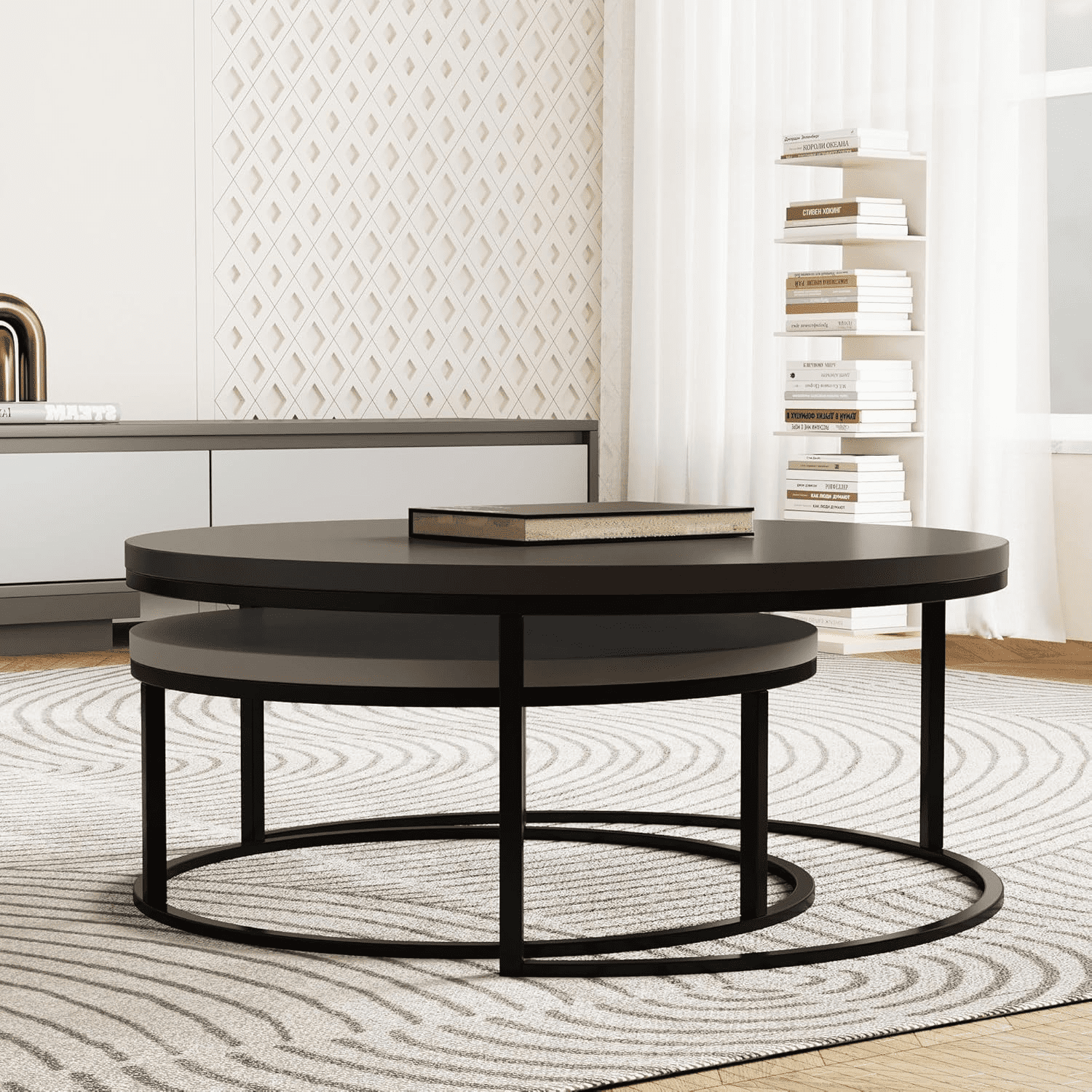 NessCarsti Modern Round Coffee Table Set, Black Metal Legs, Gray Finish, 31.5/23.7"