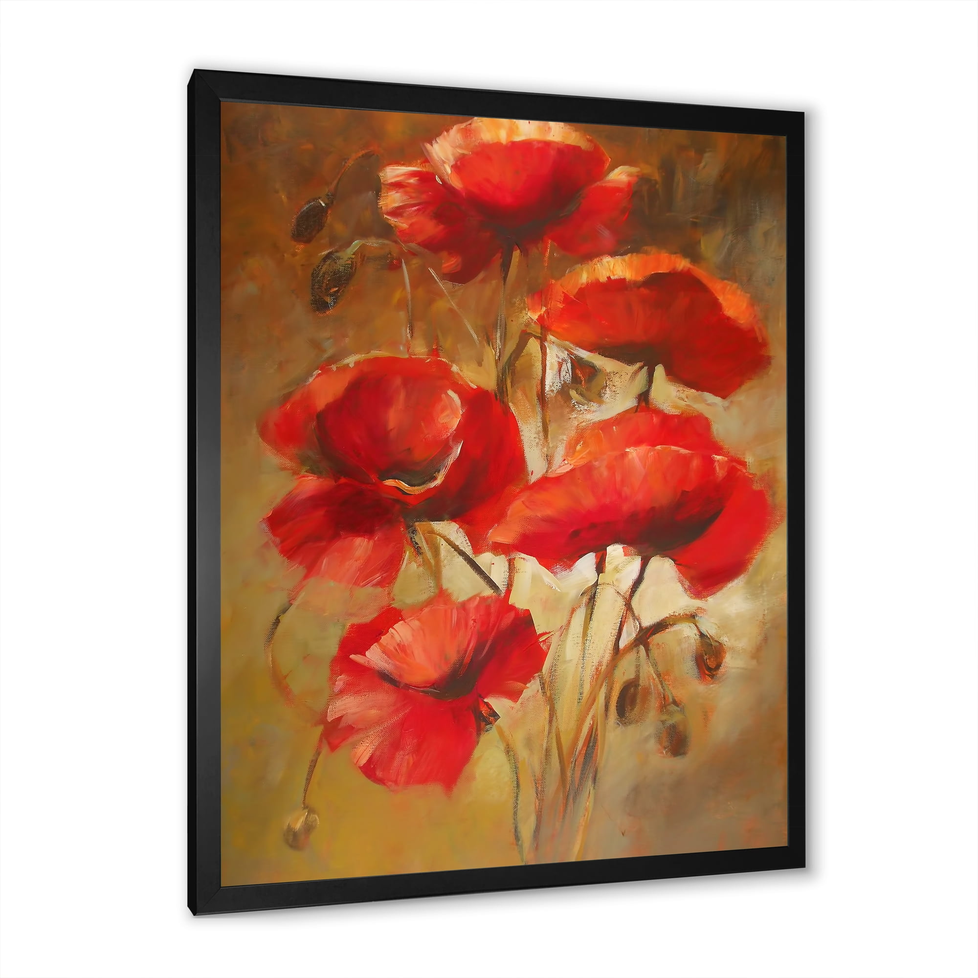 Designart 'Red Blossoming Poppies Over Wild Brown I' Traditional Framed Art Print