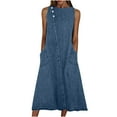 thumbnail image 2 of Women's Dress Sleeveless Casual Denim Dress Round Neck Vintage Overall Buttons Solid Color Dress, 2 of 5