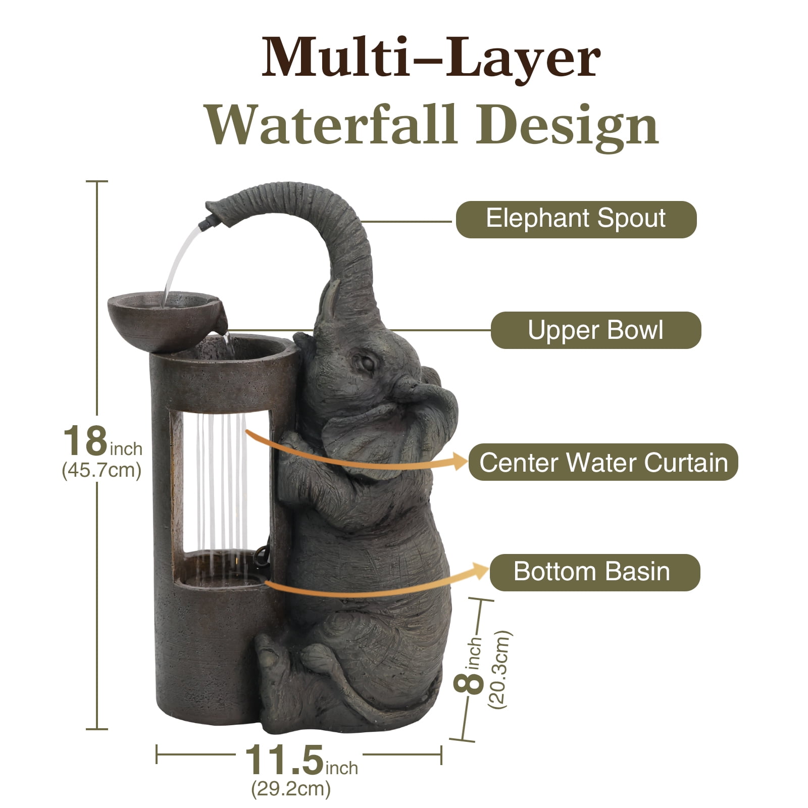 Elephant Waterfall Fountain for Indoor Desktop & Outdoor Use Small Garden Water Feature with LED Light Quiet Mini Cute Table Water Fountains for Patio, Yard, Home Decor