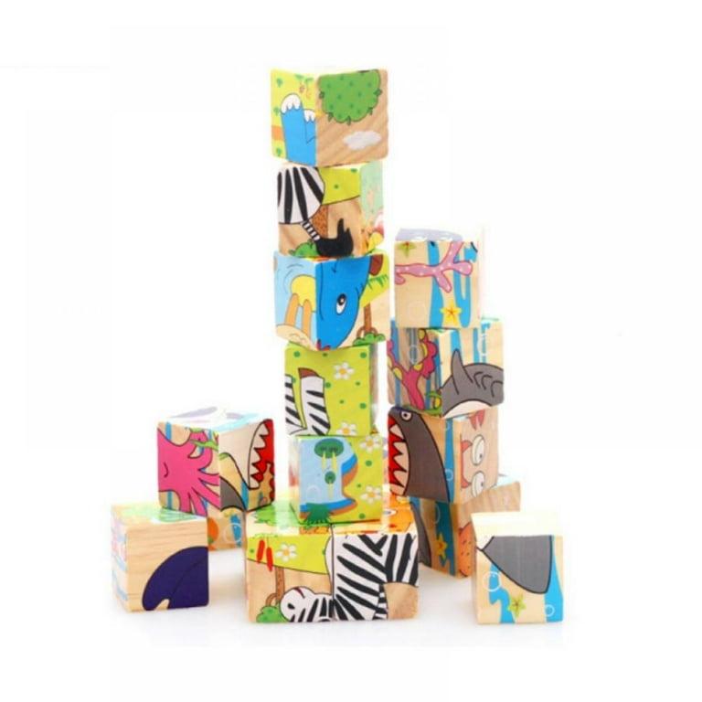 6 in 1 Wooden Block Puzzle Animal Cube Puzzle for Kids 2 3 4